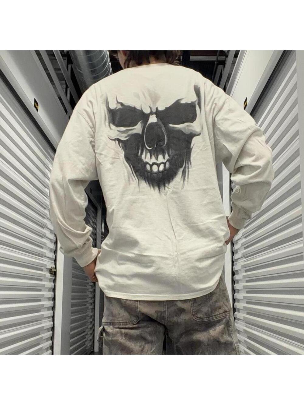 Cream long sleeve skull shirt with black flames #skater #grunge